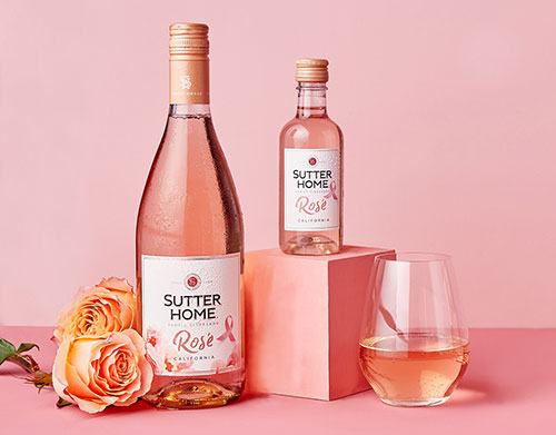 Limited-edition Sutter Home Rosé bottles with pink ribbons